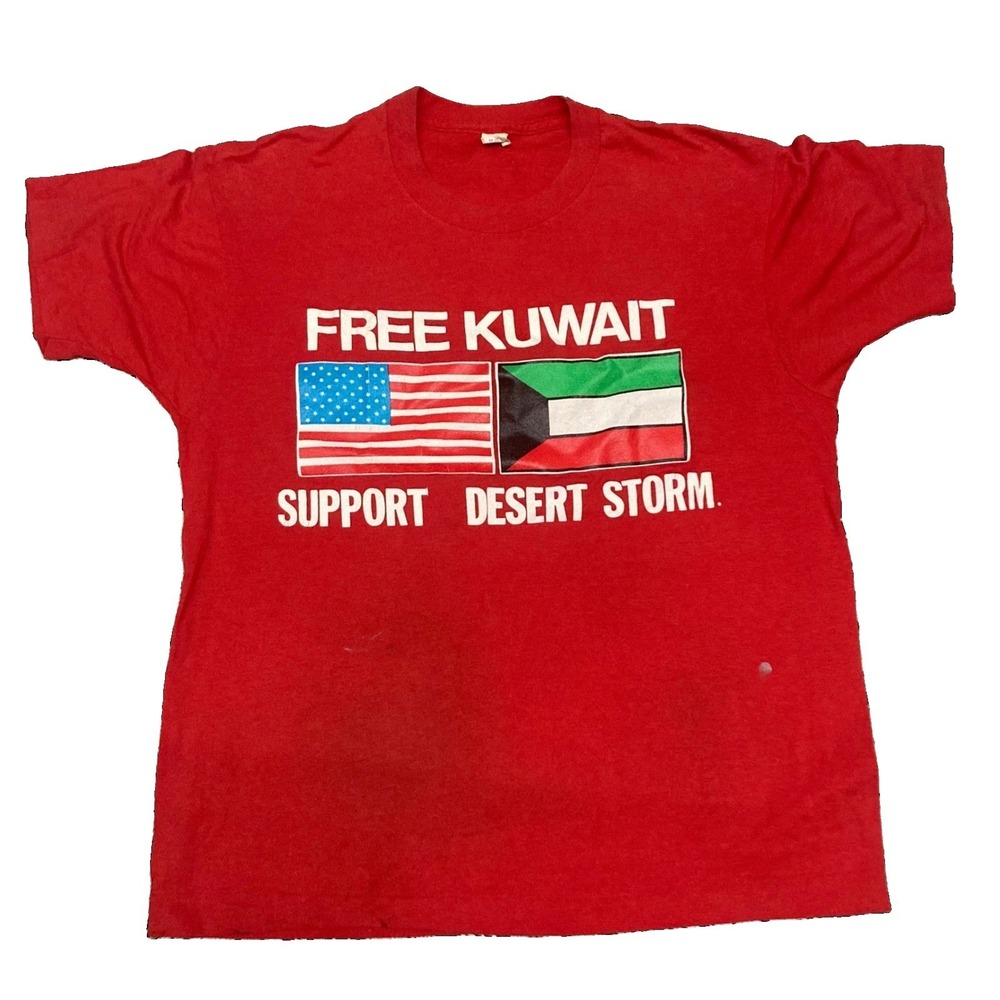 Vintage 90s Free Kuwait Support Desert Storm T-Shirt Red Screen Stars Large USA